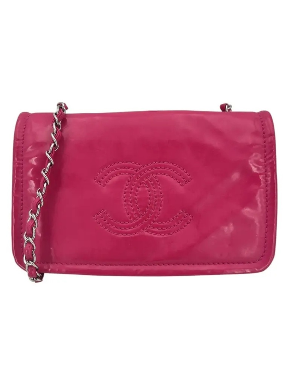 CHANEL Hot Pink Patent Leather CC Logo Chain Crossbody